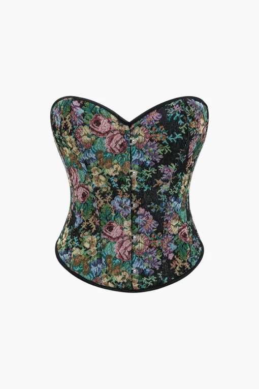 MICAS Tube Tops|Corset & Bustier Tops-Jacquard Corset Waist Contrast Binding Ribbon Tube Top BLACK
