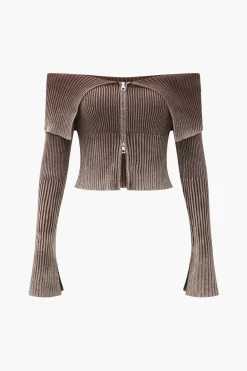 MICAS Knitwear|Knit Tops-Knit Bell Sleeves Zipper Long-Sleeve Top