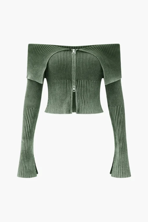 MICAS Knitwear|Knit Tops-Knit Bell Sleeves Zipper Long-Sleeve Top