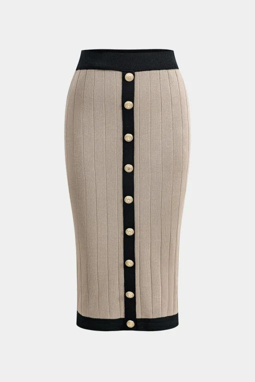 MICAS Knitwear|Knit Sets-Knit Button Cardigan And Skirt Set KHAKI