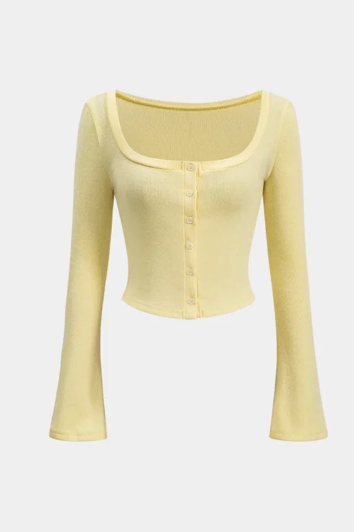 MICAS Knitwear|Knit Tops-Knit Button Square Neck Bell Sleeve Top CREAM YELLOW