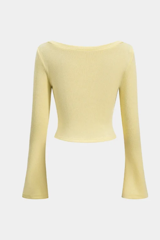 MICAS Knitwear|Knit Tops-Knit Button Square Neck Bell Sleeve Top CREAM YELLOW