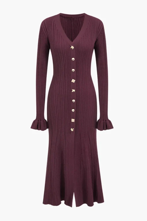 MICAS Long Sleeve Dresses|Knitwear-Knit Button V-Neck Dress