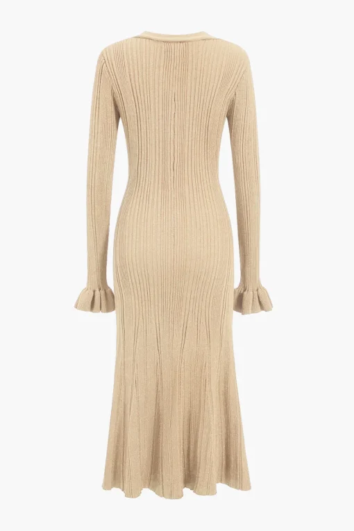MICAS Long Sleeve Dresses|Knitwear-Knit Button V-Neck Dress