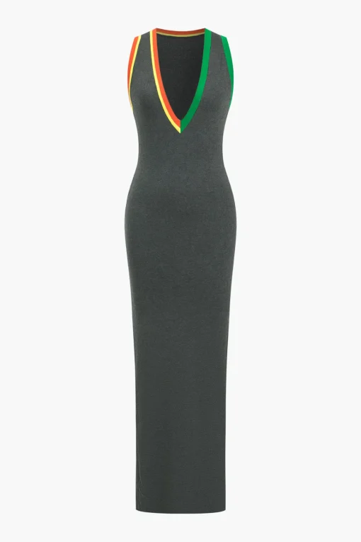 MICAS Knit Dresses-Knit Color Block Tank Maxi Dress GRAY