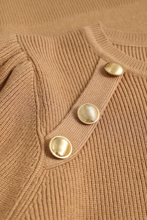 MICAS Knit Tops-Knit Gold Button Gigot Sleeve Long-Sleeve Top KHAKI