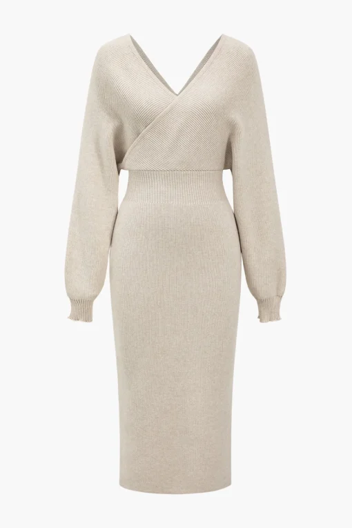 MICAS Long Sleeve Dresses|Knitwear-Knit Long Sleeve V-Neck Slit Dress