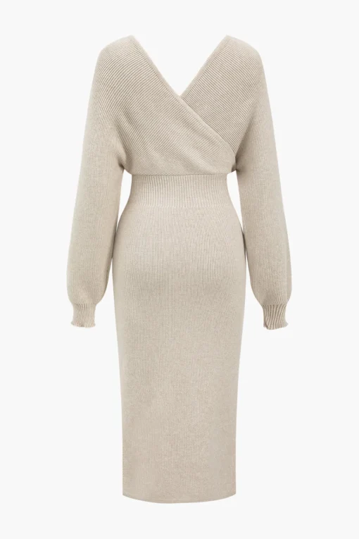 MICAS Long Sleeve Dresses|Knitwear-Knit Long Sleeve V-Neck Slit Dress