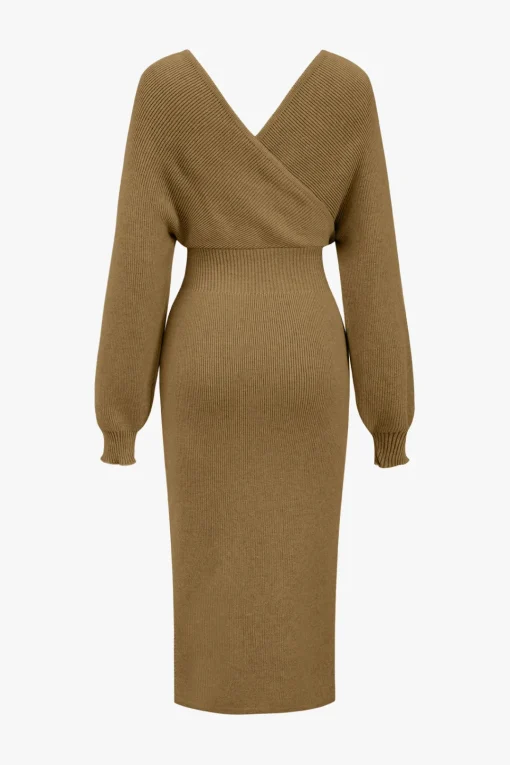 MICAS Long Sleeve Dresses|Knitwear-Knit Long Sleeve V-Neck Slit Dress