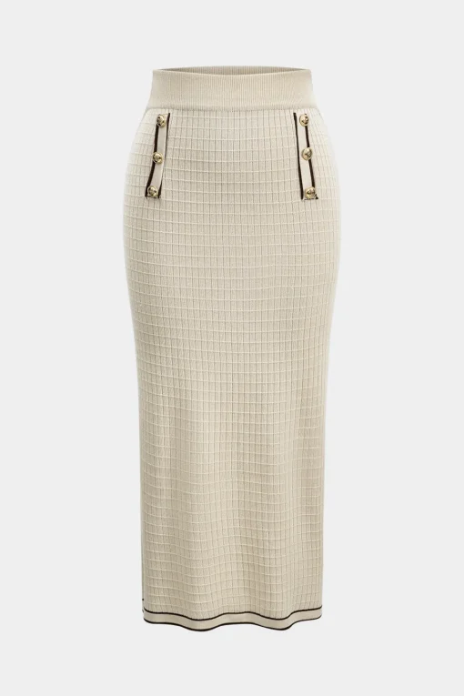 MICAS Knitwear|Knit Sets-Knit Metallic Button Fake Pocket Long-Sleeve Top And Skirt Set BEIGE