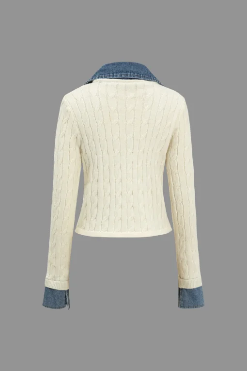 MICAS Knitwear|Knit Tops-Knit Patchwork Denim Long-Sleeve Top