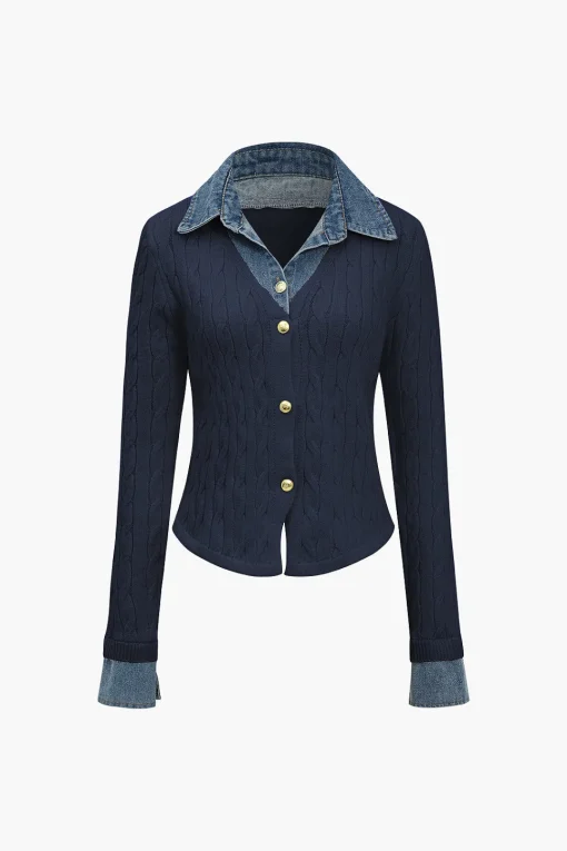 MICAS Knitwear|Knit Tops-Knit Patchwork Denim Long-Sleeve Top