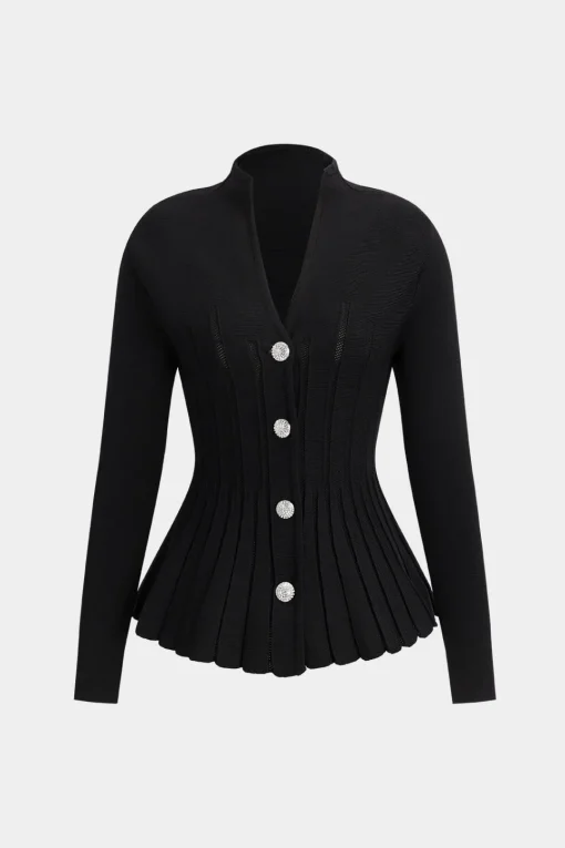 MICAS Knit Tops-Knit Pleated Crystal Button Long-Sleeve Top BLACK
