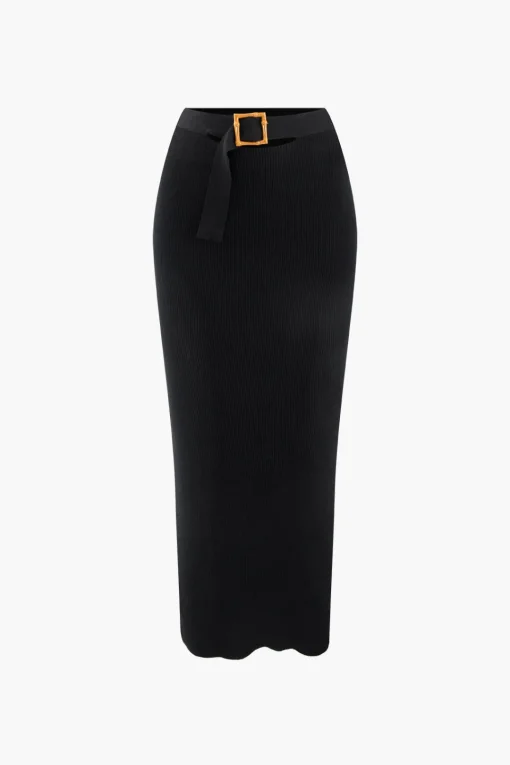 MICAS Knitwear|Knit Sets-Knit Square Neck Crop Tank Top And Buckle Midi Skirt Set BLACK