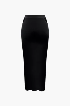 MICAS Knitwear|Knit Sets-Knit Square Neck Crop Tank Top And Buckle Midi Skirt Set BLACK
