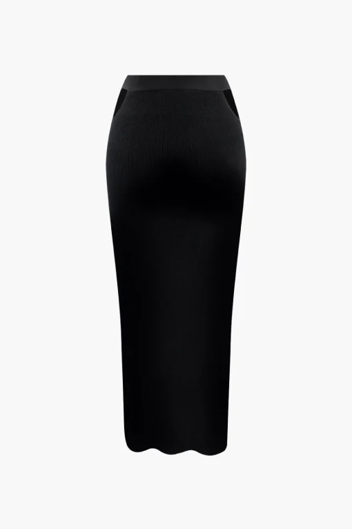 MICAS Knitwear|Knit Sets-Knit Square Neck Crop Tank Top And Buckle Midi Skirt Set BLACK