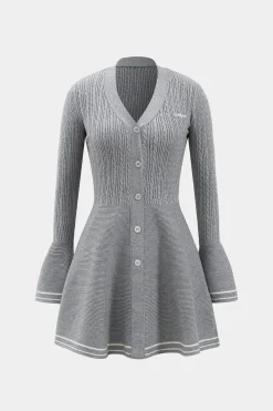MICAS Knitwear|Long Sleeve Dresses-Knitted Button V-Neck Bell Sleeve Long Sleeve Sweater Dress LIGHT GRAY