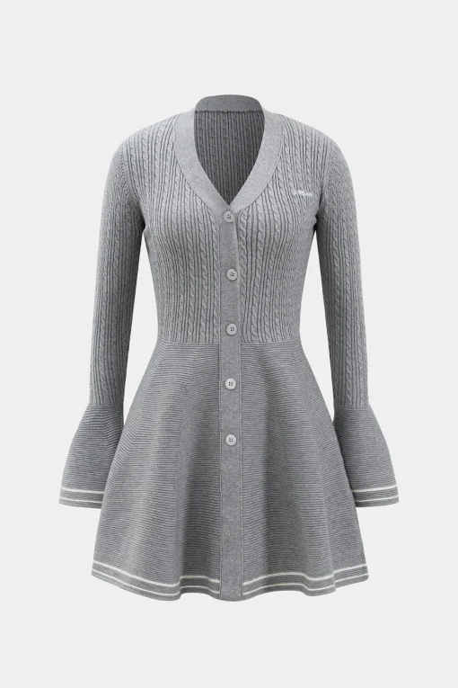 MICAS Knitwear|Long Sleeve Dresses-Knitted Button V-Neck Bell Sleeve Long Sleeve Sweater Dress LIGHT GRAY