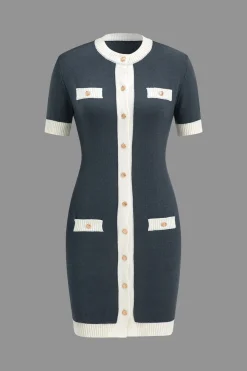MICAS Knit Dresses-Knitted Contrast Short Sleeve Button Dress STEEL