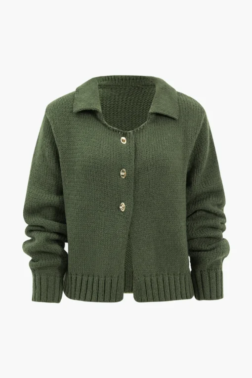 MICAS Knitwear|Knit Tops-Knitted Metallic Button Long-Sleeve Top DARK GREEN