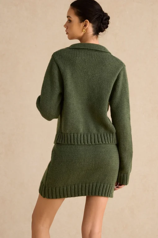 MICAS Knitwear|Knit Tops-Knitted Metallic Button Long-Sleeve Top DARK GREEN