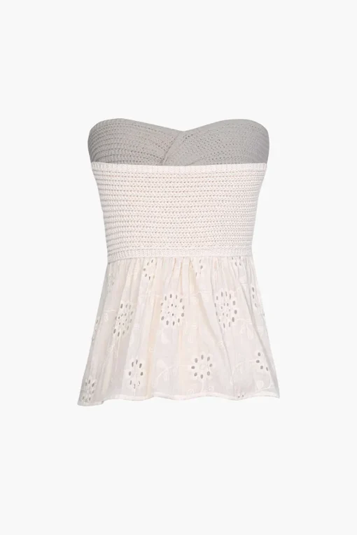 MICAS Tube Tops-Knot Front Knit Embroidered Tube Top BEIGE