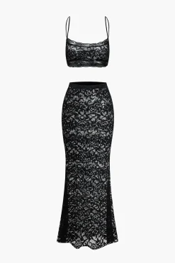 MICAS Skirt Sets-Lace Crop Top And High-Waisted Skirt Set BLACK