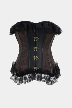 MICAS Tube Tops|Corset & Bustier Tops-Lace Jacquard Metallic Button Strappy Corset Tube Top BROWN