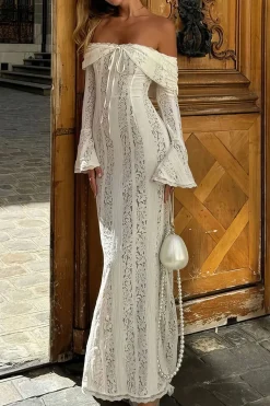 MICAS Long Sleeve Dresses|Maxi Dresses-Lace Long Sleeve Strapless Maxi Dress WHITE