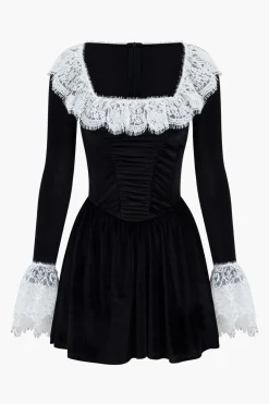 MICAS Long Sleeve Dresses|Mini Dresses-Lace Patchwork Velvet Long Sleeve Mini Dress BLACK