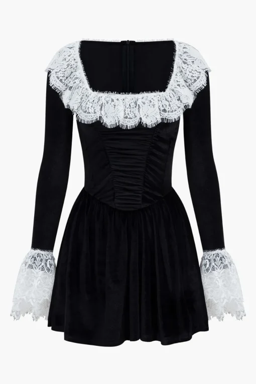 MICAS Long Sleeve Dresses|Mini Dresses-Lace Patchwork Velvet Long Sleeve Mini Dress BLACK