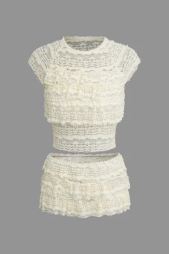MICAS Skirt Sets-Lace Ruffle Crop Top And Skirt Set BEIGE