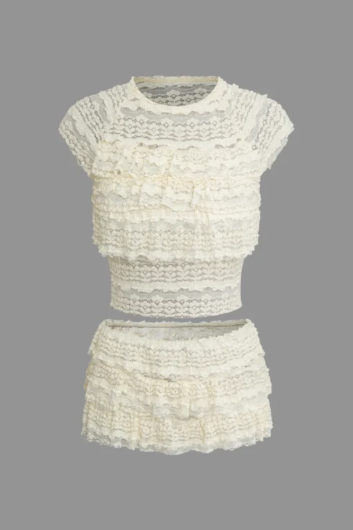 MICAS Skirt Sets-Lace Ruffle Crop Top And Skirt Set BEIGE