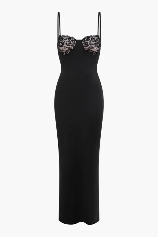 MICAS Maxi Dresses-Lace Trim Patchwork Maxi Dress BLACK