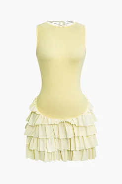MICAS Mini Dresses-Lace Up Back Sleeveless Ruffle Hem Mini Dress