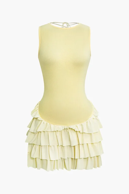 MICAS Mini Dresses-Lace Up Back Sleeveless Ruffle Hem Mini Dress