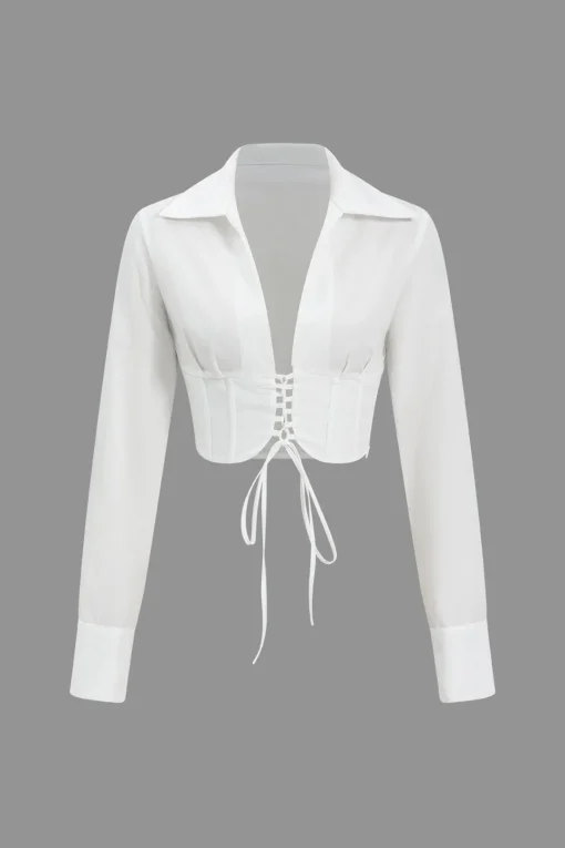 MICAS Long Sleeve Tops|Long Sleeves Tops-Lace-Up Tie-Up Long-Sleeve Shirt WHITE