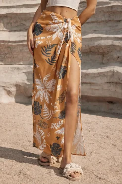 MICAS Skirts-Leaves Print Knot Split Cover-Up Maxi Skirt MULTICOLOR