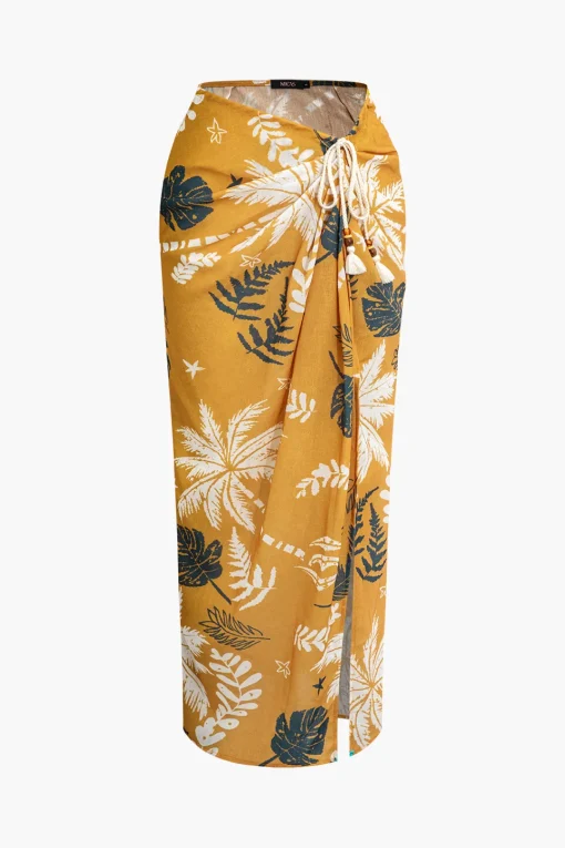 MICAS Skirts-Leaves Print Knot Split Cover-Up Maxi Skirt MULTICOLOR