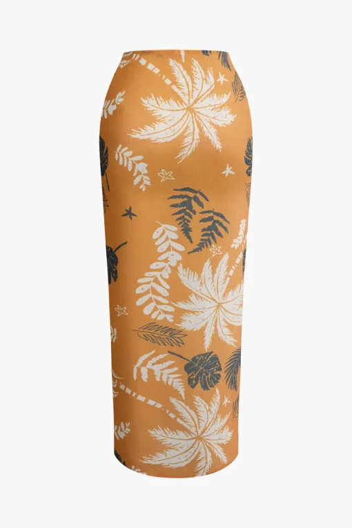 MICAS Skirts-Leaves Print Knot Split Cover-Up Maxi Skirt MULTICOLOR