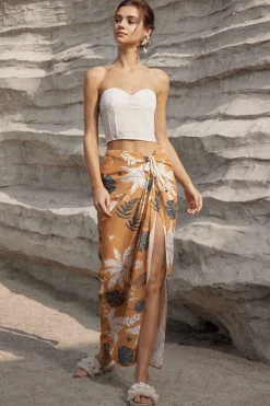 MICAS Skirts-Leaves Print Knot Split Cover-Up Maxi Skirt MULTICOLOR