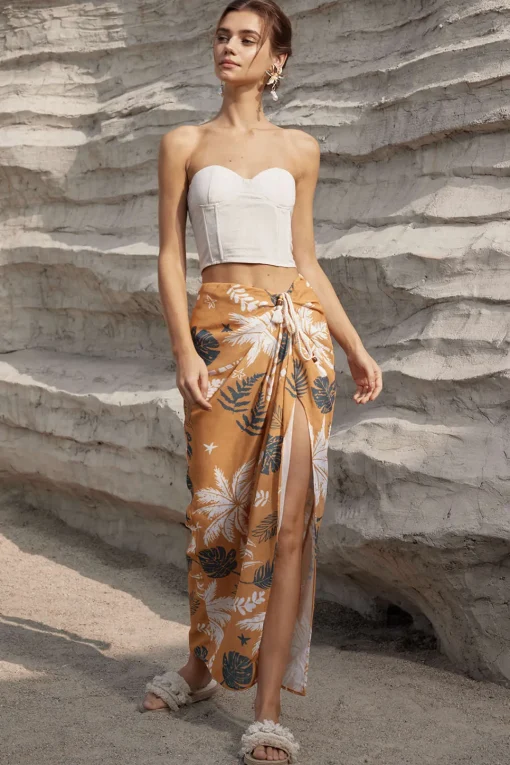 MICAS Skirts-Leaves Print Knot Split Cover-Up Maxi Skirt MULTICOLOR