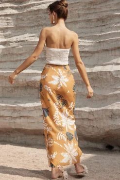 MICAS Skirts-Leaves Print Knot Split Cover-Up Maxi Skirt MULTICOLOR
