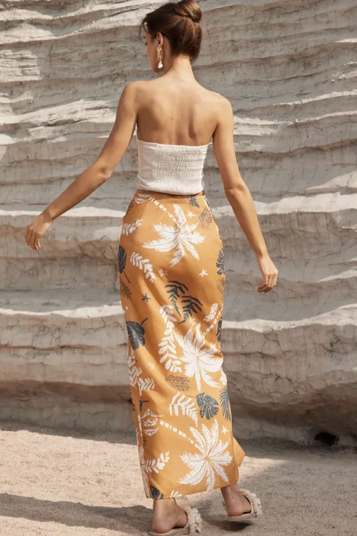 MICAS Skirts-Leaves Print Knot Split Cover-Up Maxi Skirt MULTICOLOR
