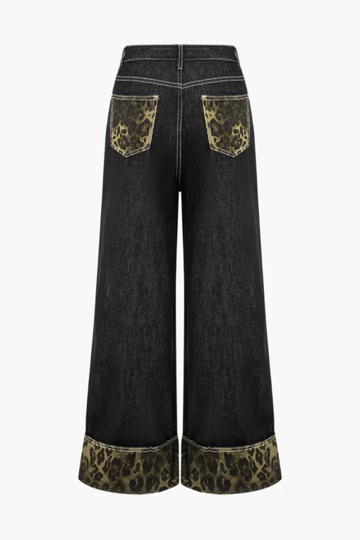 MICAS Jeans-Leopard Print Denim Patchwork Straight Leg Jeans BLACK