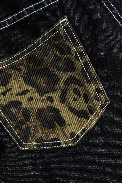 MICAS Jeans-Leopard Print Denim Patchwork Straight Leg Jeans BLACK