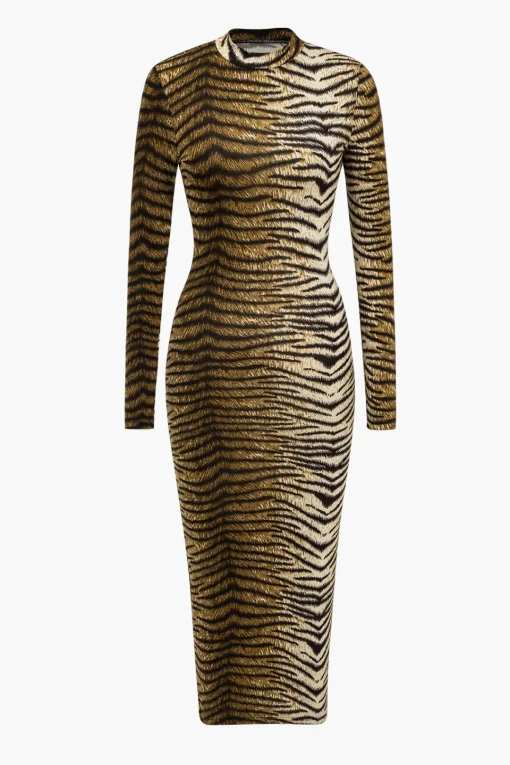 MICAS Long Sleeve Dresses|Midi Dresses-Leopard Print Long Sleeve Slim Midi Dress