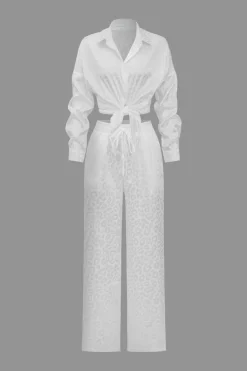 MICAS Pant Sets|Vacation Sets-Leopard Print Loose Long Sleeve Trouser Set WHITE
