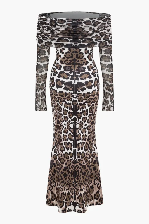 MICAS Long Sleeve Dresses|Maxi Dresses-Leopard Print Mesh Off Shoulder Long Sleeve Maxi Dress Contrast Color