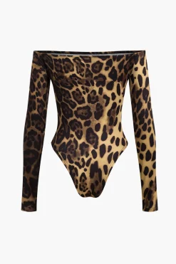 MICAS Bodysuits-Leopard Print Off Shoulder Long Sleeve Bodysuit Contrast Color